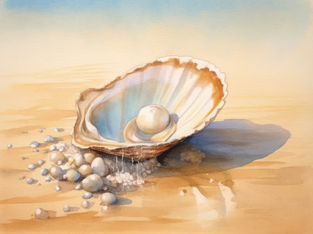 Close-up of pearl oysters on the beach, watercolor paintingの素材