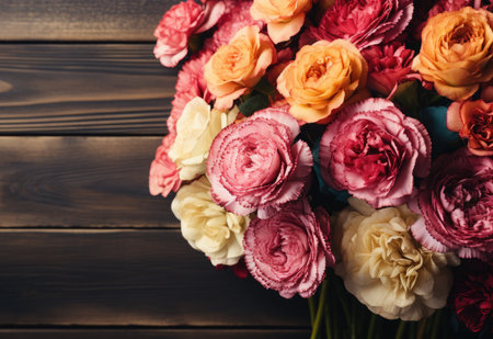 Bouquet of beautiful flowers on a wooden background. Top view.の素材