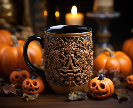Halloween background with pumpkins, candles and cup of coffee.の素材