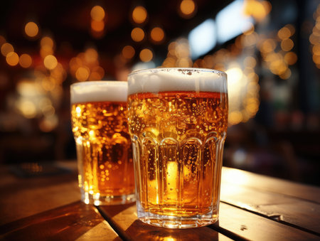 Two glasses of beer on a wooden table in a pub with bokehの素材