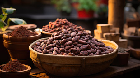 Cocoa beans in a wooden bowl with cocoa powder in the backgroundの素材