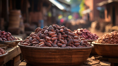 Cocoa beans in a basket on a market in India.の素材