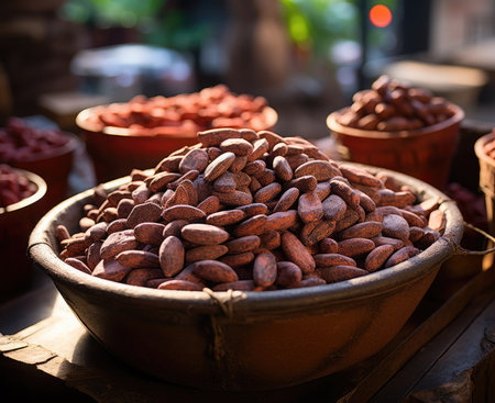 Cacao beans in a clay bowl on the street market.の素材