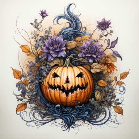 Halloween pumpkin with floral ornament. Vector illustration.の素材
