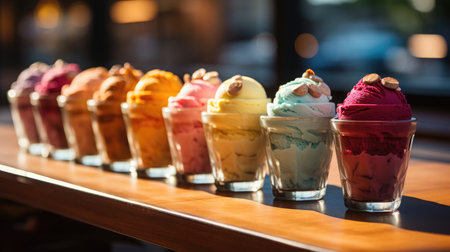 Scoops of colorful ice cream in a glass on wooden tableの素材