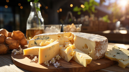 Tasty cheese on cutting board in cafe, closeup. Food delivery serviceの素材