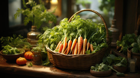 Basket of fresh carrots with green leaves in a rustic kitchenの素材