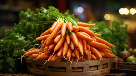 Bunch of fresh carrots in basket on wooden table at grocery storeの素材