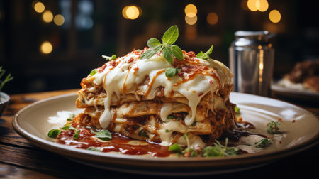 Delicious lasagna with tomato sauce and mozzarella, selective focusの素材