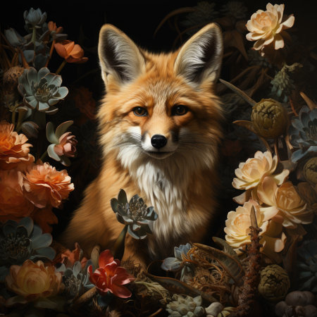 Cute fox with flowers on black background. Animal portrait in vintage style.の素材