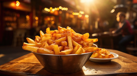 Golden French fries potatoes on a plate in a pub or restaurant.の素材