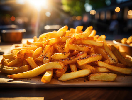 Golden French fries on a wooden table in a street cafe. Toned.の素材