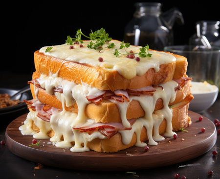 Sandwich with bacon, cheese and mayonnaise on wooden boardの素材