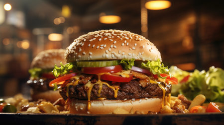 Two tasty cheeseburgers on wooden table in cafe, closeupの素材