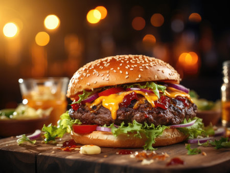 Delicious cheeseburger on wooden table against blurred lights, closeupの素材
