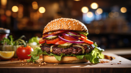 Cheese burger - American cheese burger with fresh vegetables on wooden boardの素材