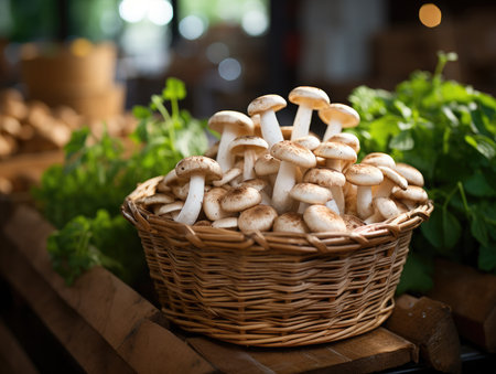 Shimeji mushrooms in a wicker basket on a wooden tableの素材