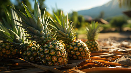 Pineapples on the beach in the evening. Tropical fruitの素材