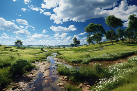 Beautiful landscape with a river in the middle of the meadowの素材