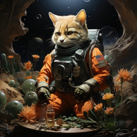 Cat astronaut in a spacesuit against the background of the planet.の素材