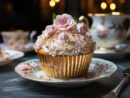 Cupcake with pink flowers on a plate on a dark backgroundの素材