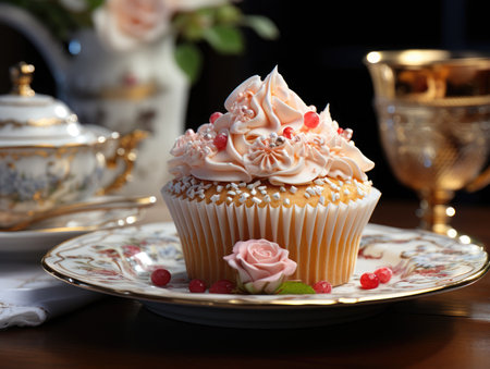Delicious cupcake with cream and berries on table, closeupの素材