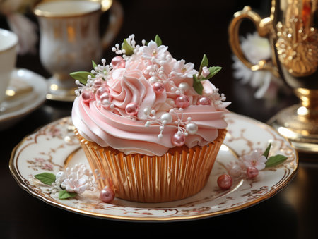 Beautiful cupcake decorated with pink cream and flowers on the tableの素材