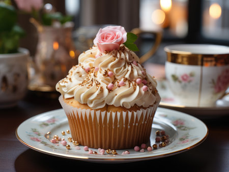 Cupcake with pink rose and cup of coffee on the tableの素材