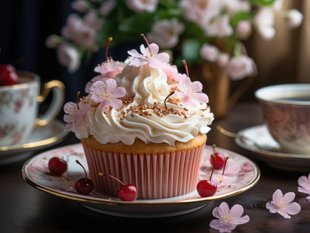 Cupcake with cherry and cherry blossom on a wooden tableの素材
