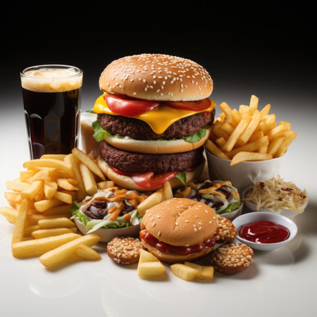 Big hamburger, french fries and cola on a white backgroundの素材