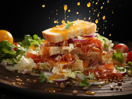 Delicious sandwich with bacon, cheese and vegetables on a black backgroundの素材