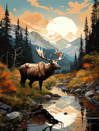 Illustration of a moose on the background of the mountains.の素材