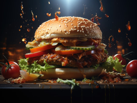 Burger with flying ingredients on dark background. Concept of fast food.の素材
