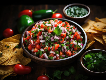 Mexican Pico de Gallo salad with tortilla chips on wooden backgroundの素材