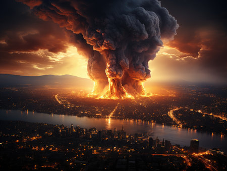 Big explosion in the city. Collage. 3D rendering.の素材