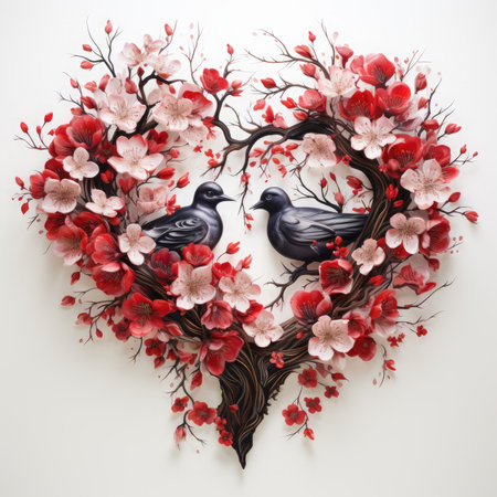 Valentine's Day background with flowers, birds and branches.の素材
