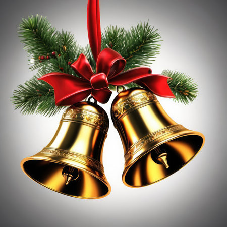 Christmas bells with red bow and fir tree branch. 3d illustrationの素材