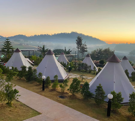 Camping tent in the morning with beautiful sky at Mae Hong Son, Thailandの写真素材