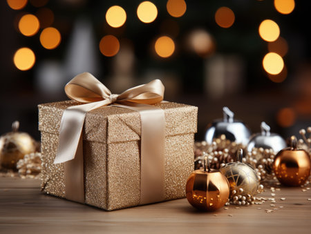Christmas gift box with golden bow on bokeh lights background.の素材