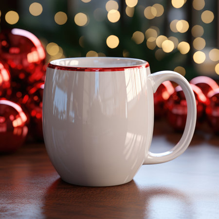 Cup of hot drink with Christmas decorations on bokeh backgroundの素材