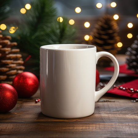 Cup of hot drink with christmas decoration on wooden background.の素材