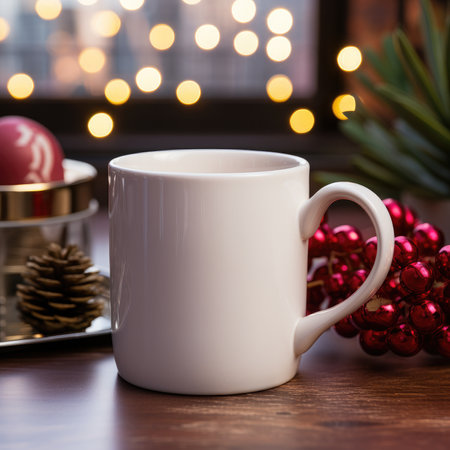 Cup of coffee with christmas decoration on wooden table, closeupの素材