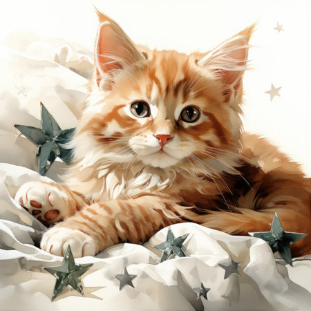 Cute ginger maine coon cat lying on a bed with starsの素材