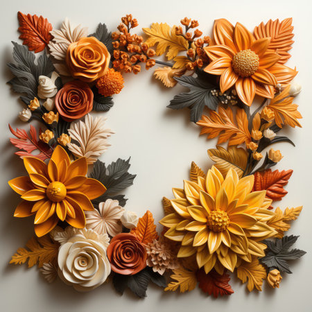 Flower wreath made of autumn leaves and flowers on white backgroundの素材