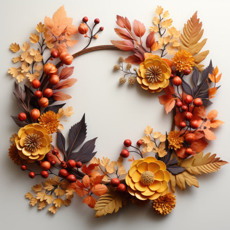 Autumn wreath made of autumn leaves and berries on white backgroundの素材