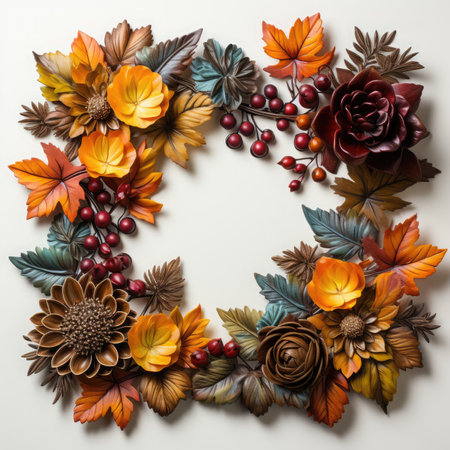 Autumn wreath with leaves and berries on white background.の素材