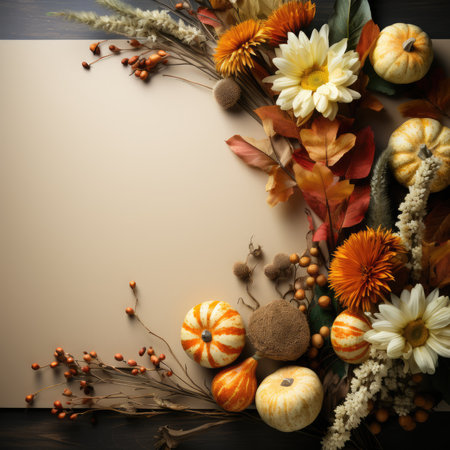 Autumn composition with pumpkins, flowers and leaves on wooden backgroundの素材