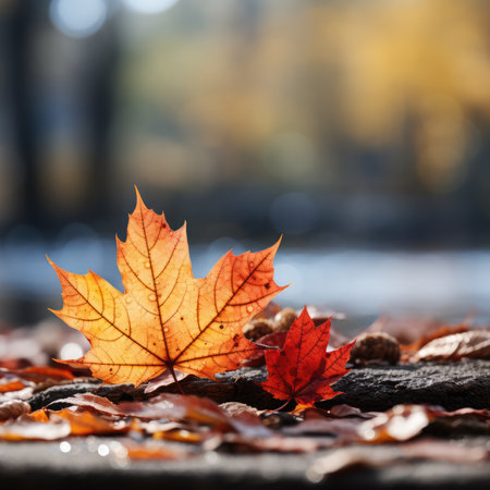 Autumn leaves on the ground in the park. Autumn background.の素材