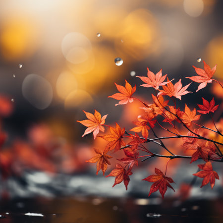 Autumn maple leaves with water drops and bokeh background.の素材