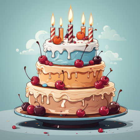 Birthday cake with burning candles and cherries.の素材